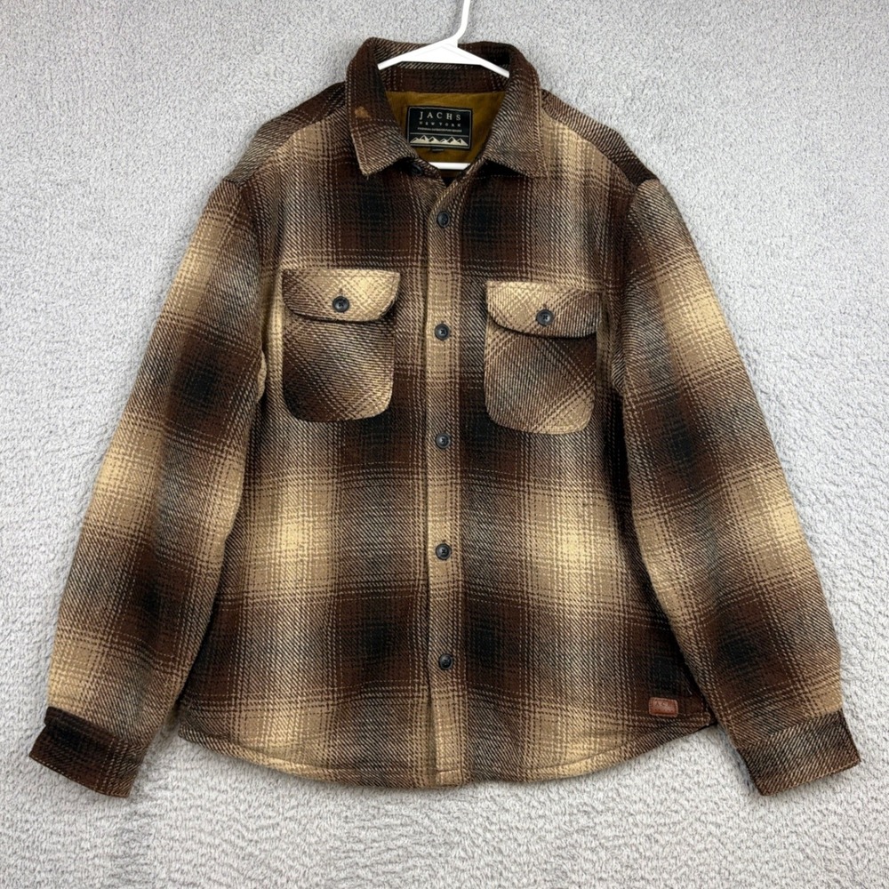 Jachs Flannel Shirt Mens Large Brown Plaid Wool Blend Shacket Workwear Jacket
